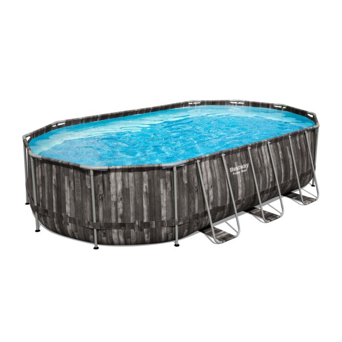 Piscina Desmontable Tubular Power Steel Oval Diseño Madera 6,10x3,66x1,22 m con Depuradora de arena 5.678 L/H