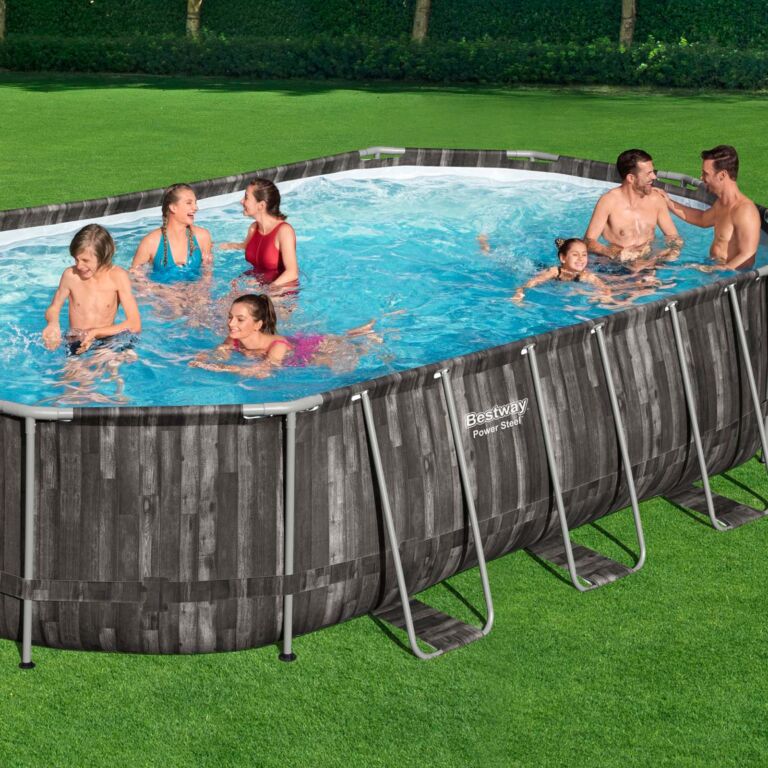 Piscina Desmontable Tubular Bestway Power Steel Oval Diseño Madera 610x366x122 cm con Depuradora Cartucho 5.678 L/H