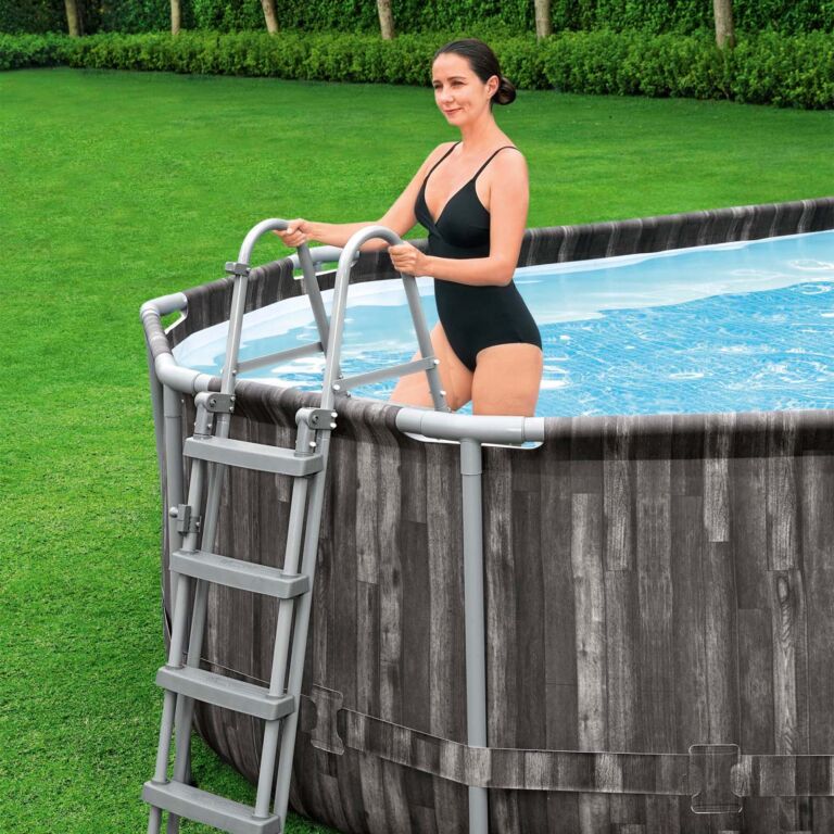 Piscina Desmontable Tubular Bestway Power Steel Oval Diseño Madera 610x366x122 cm con Depuradora Cartucho 5.678 L/H