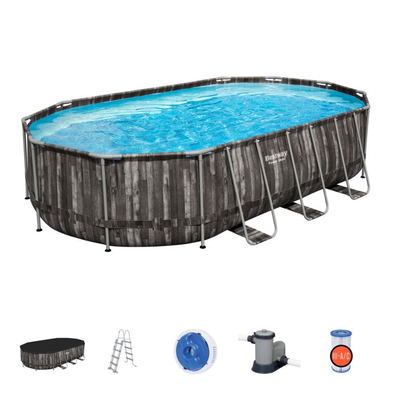 Piscina Desmontable Tubular Bestway Power Steel Oval Diseño Madera 610x366x122 cm con Depuradora Cartucho 5.678 L/H