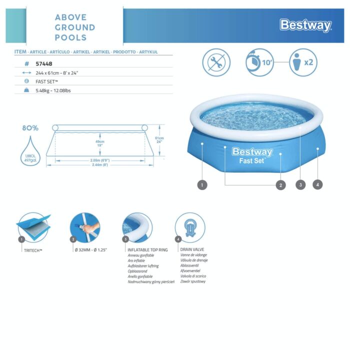 Piscina Hinchable Redonda Bestway Fast Set  2.44 m x 61 cm