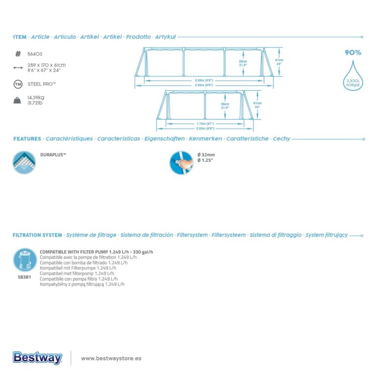 Piscina elevada Steel Pro de Bestway de 2.59 m x 1.70 m x 61 cm.