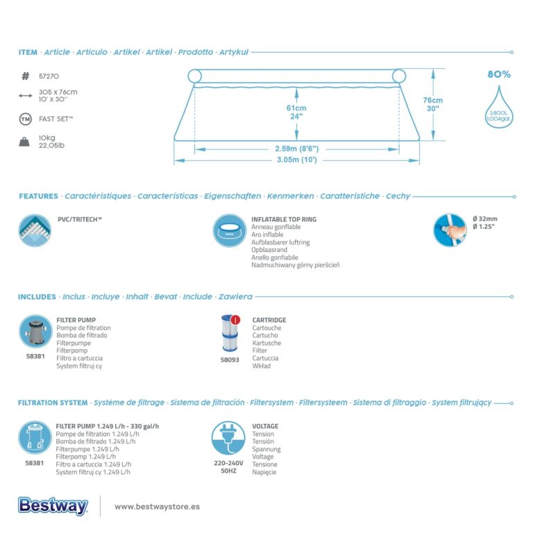 Piscina Desmontable Autoportante Bestway Fast Set 305x76 cm con depuradora de cartucho de 1.249 litros/h