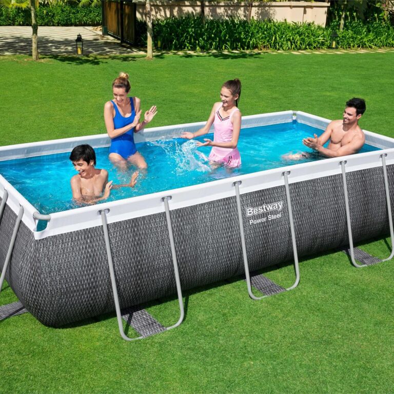 Conjunto de Piscina Desmontable Power Steel de Ratán Gris de 4.04 m x 2.01 m x 1.00 m con depuradora de arena