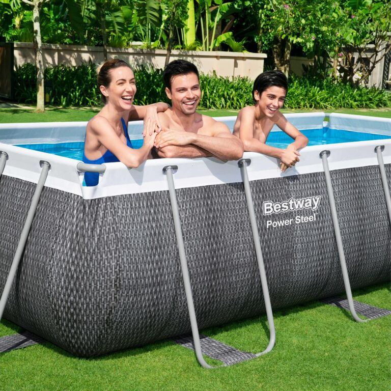 Conjunto de Piscina Desmontable de Ratán Gris Power Steel de 4,12 m x 2,01 m x 1,22 m con depuradora de arena