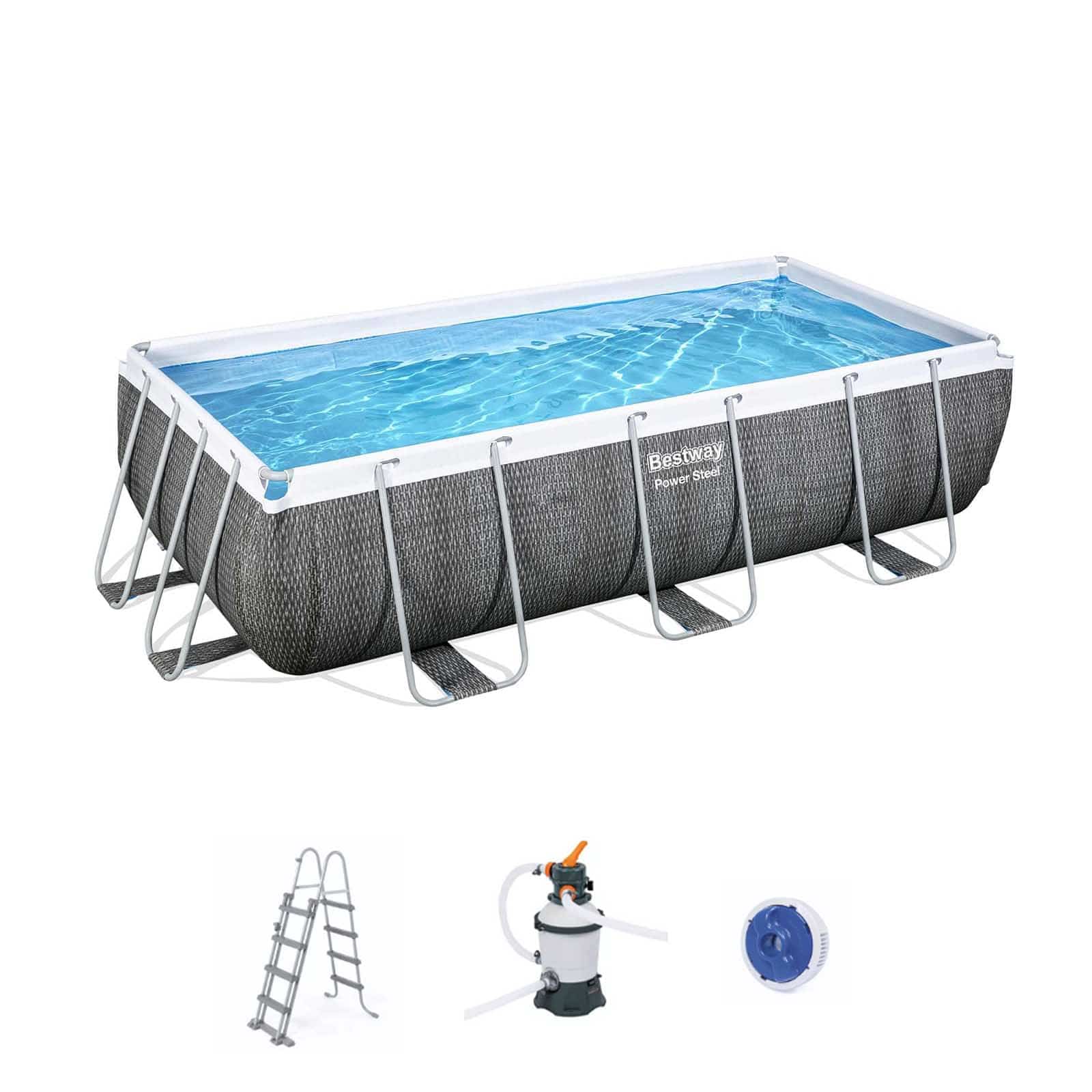 Conjunto de Piscina Desmontable Power Steel de Ratán Gris de 4.04 m x 2.01 m x 1.00 m con depuradora de arena