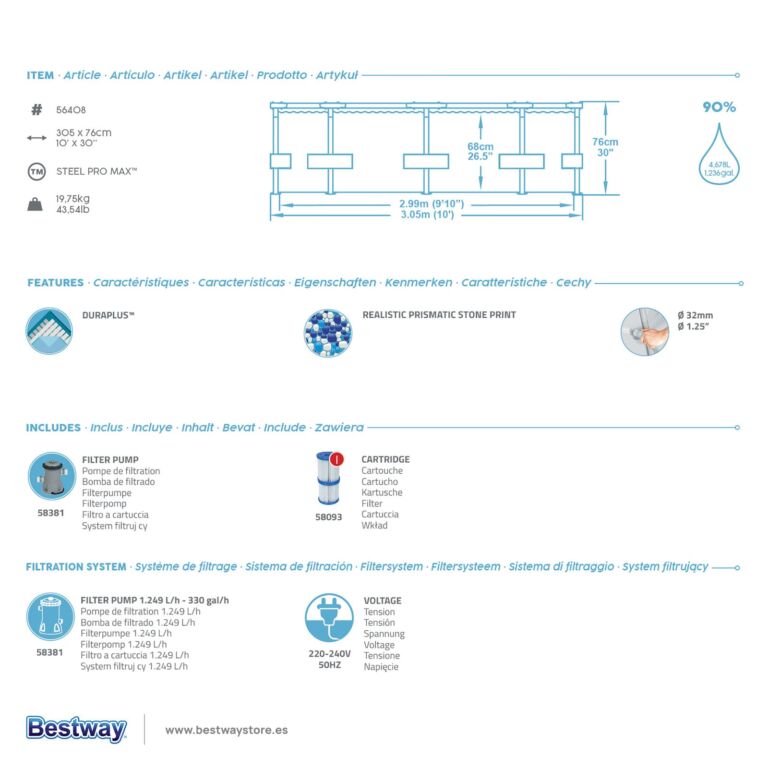 Conjunto de piscina sobre superficie Steel Pro MAX de Bestway de 3.05 m x 76 cm