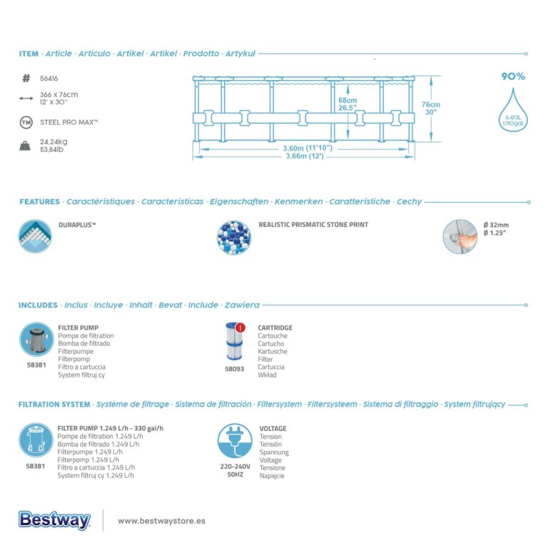Conjunto de piscina sobre superficie Steel Pro MAX de Bestway de 3.66 m x 76 cm