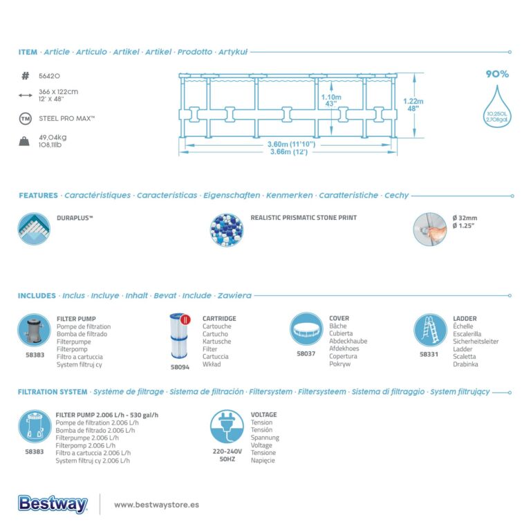 Conjunto de Piscina Desmontable Steel Pro MAX  Bestway 3.66 m x 1.22 m