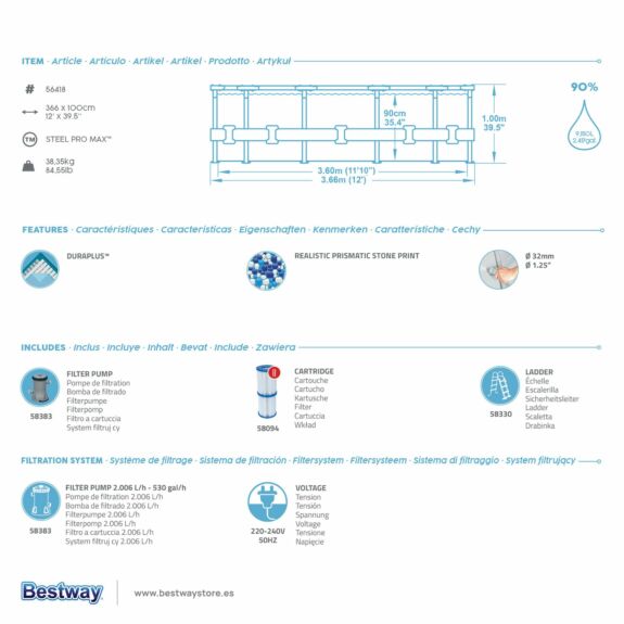 Conjunto de Piscina Desmontable Steel Pro MAX Bestway 3,66 m x 1,00 m