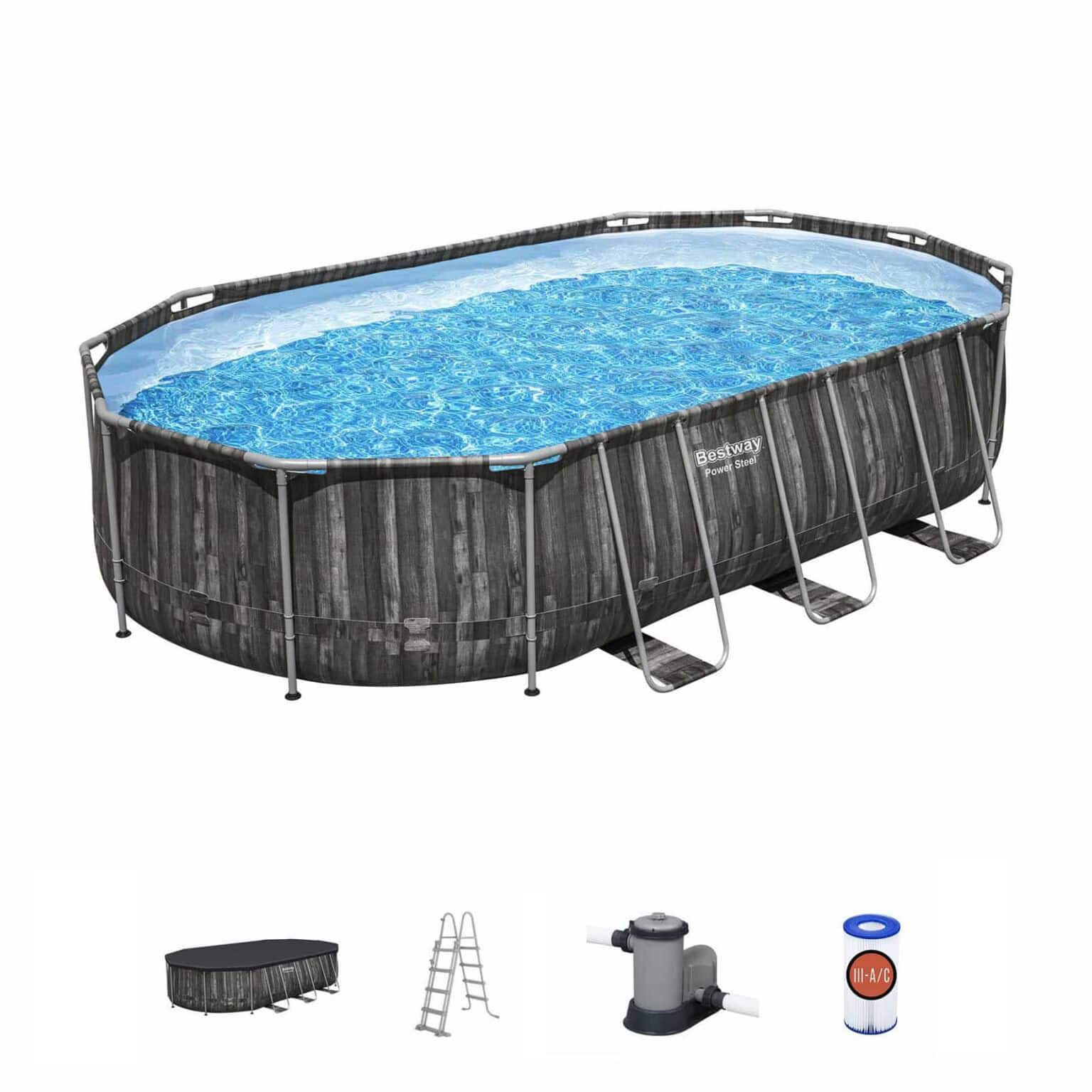 Piscina Desmontable Tubular Bestway Power Steel Oval Diseño Madera 610x366x122 cm con Depuradora Cartucho 5.678 L/H