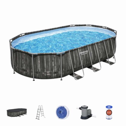 Piscina Desmontable Tubular Bestway Power Steel Oval Diseño Madera 610x366x122 cm con Depuradora Cartucho 5.678 L/H