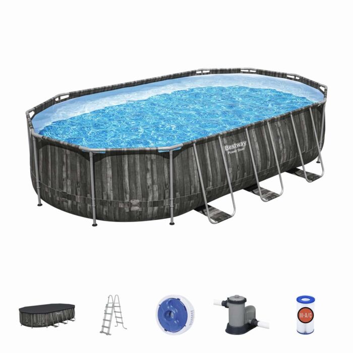 Piscina Desmontable Tubular Bestway Power Steel Oval Diseño Madera 610x366x122 cm con Depuradora Cartucho 5.678 L/H