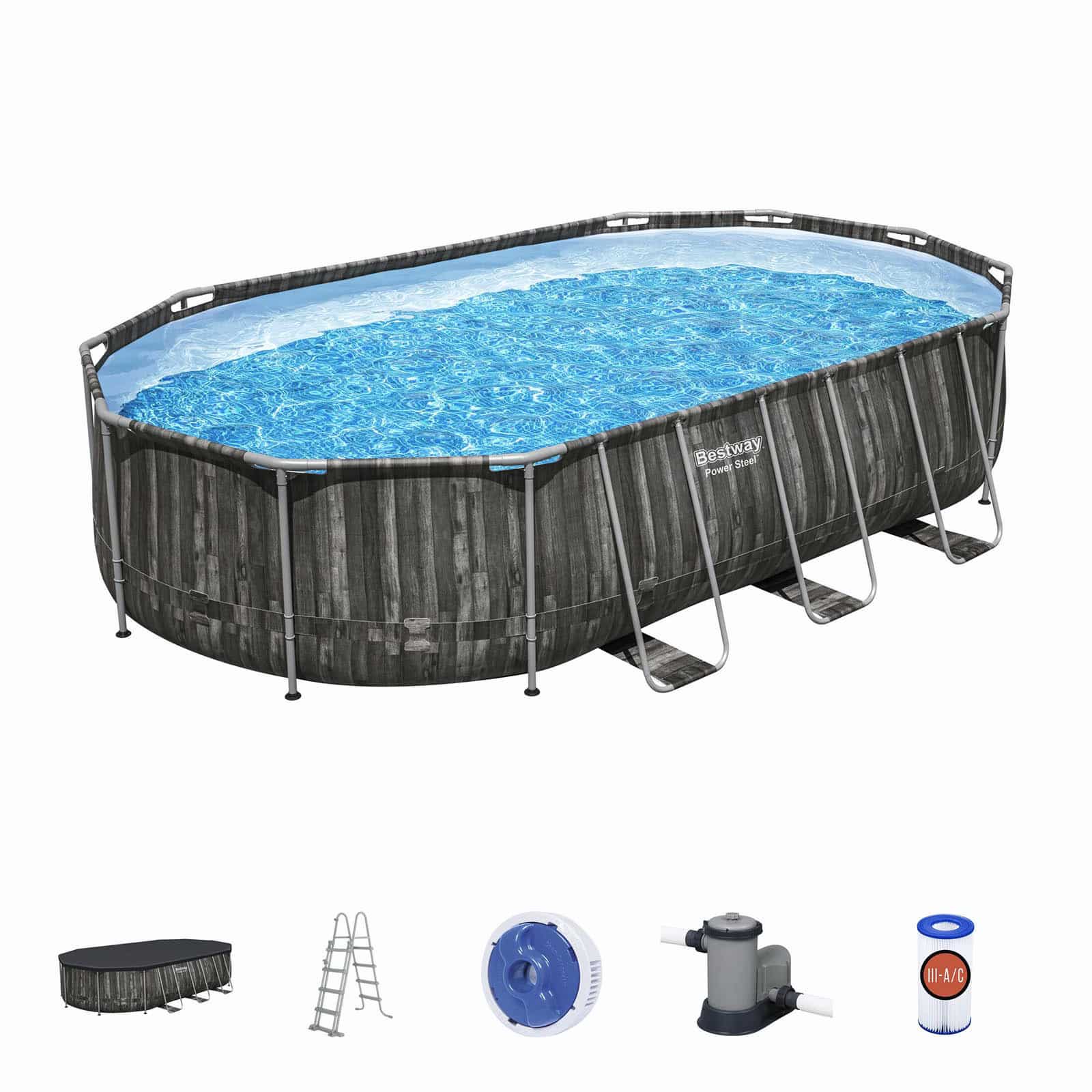 Piscina Desmontable Tubular Bestway Power Steel Oval Diseño Madera 610x366x122 cm con Depuradora Cartucho 5.678 L/H Piscina Desmontable Tubular Bestway Power Steel Oval Diseño Madera 610x366x122 cm con Depuradora Cartucho 5.678 L/H