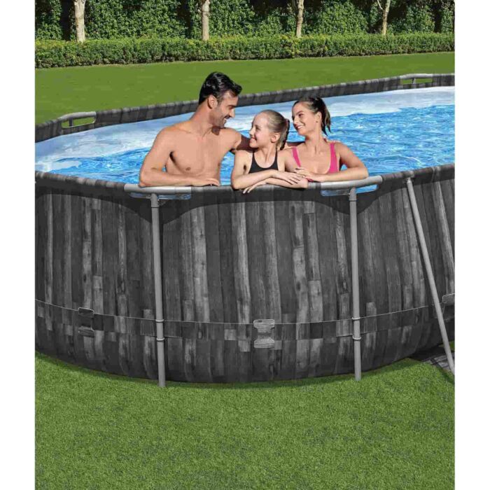 Piscina Desmontable Tubular Bestway Power Steel Oval Diseño Madera 610x366x122 cm con Depuradora Cartucho 5.678 L/H