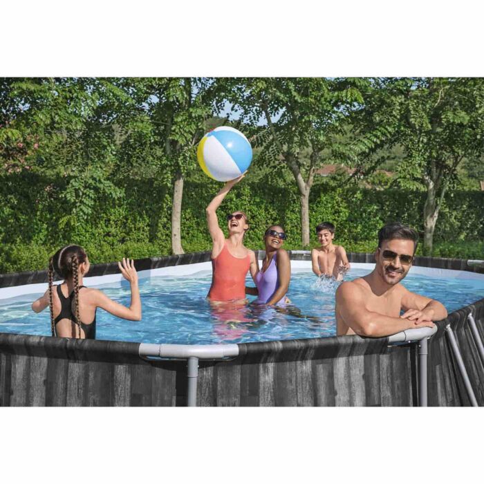 Piscina Desmontable Tubular Bestway Power Steel Oval Diseño Madera 610x366x122 cm con Depuradora Cartucho 5.678 L/H