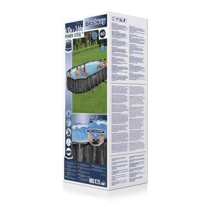Piscina Desmontable Tubular Bestway Power Steel Oval Diseño Madera 610x366x122 cm con Depuradora Cartucho 5.678 L/H