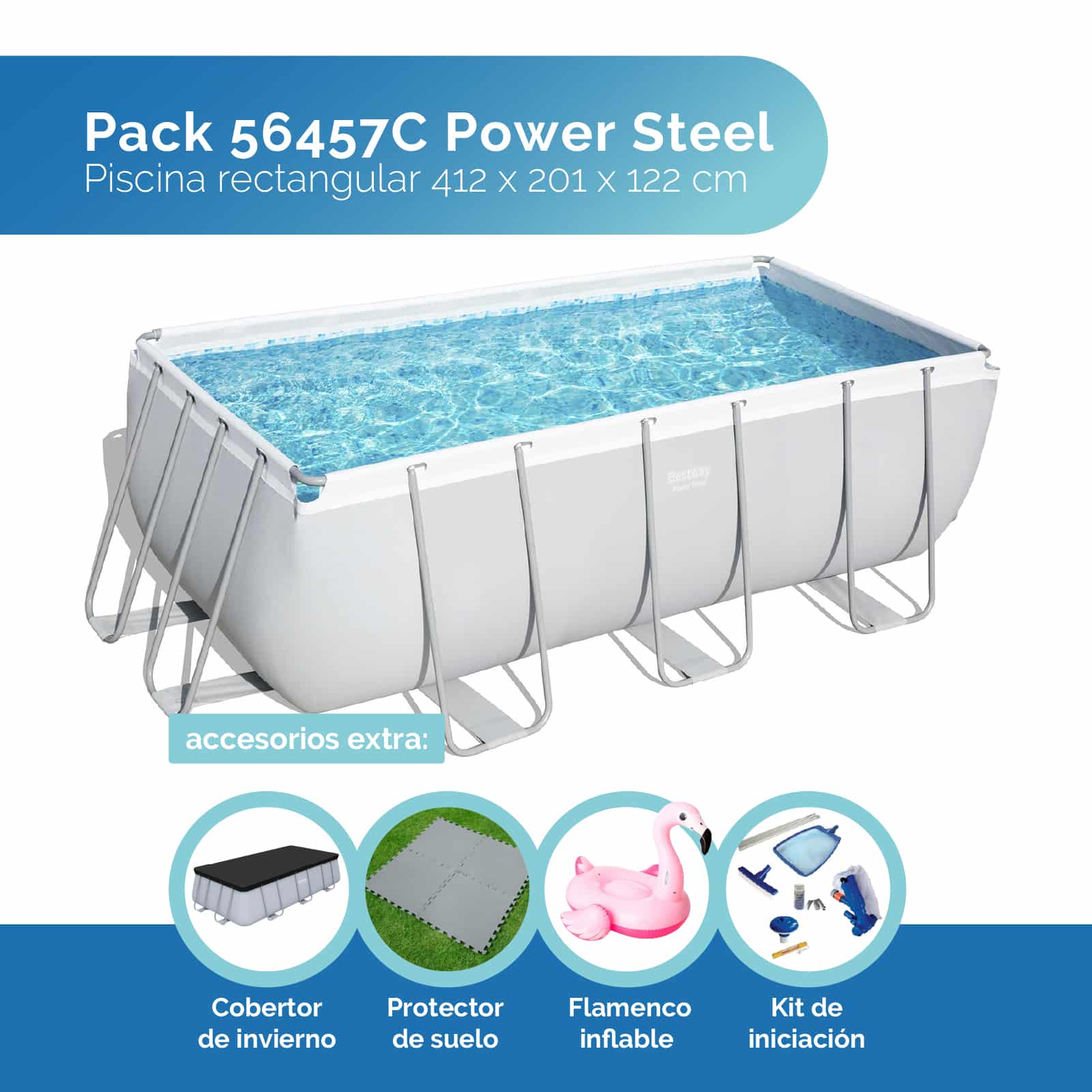 Pack Piscina 56457C Power Steel Rectangular. 412 X 201 X 122CM, Cobertor de Invierno, Protector de Suelo, Kit Iniciación