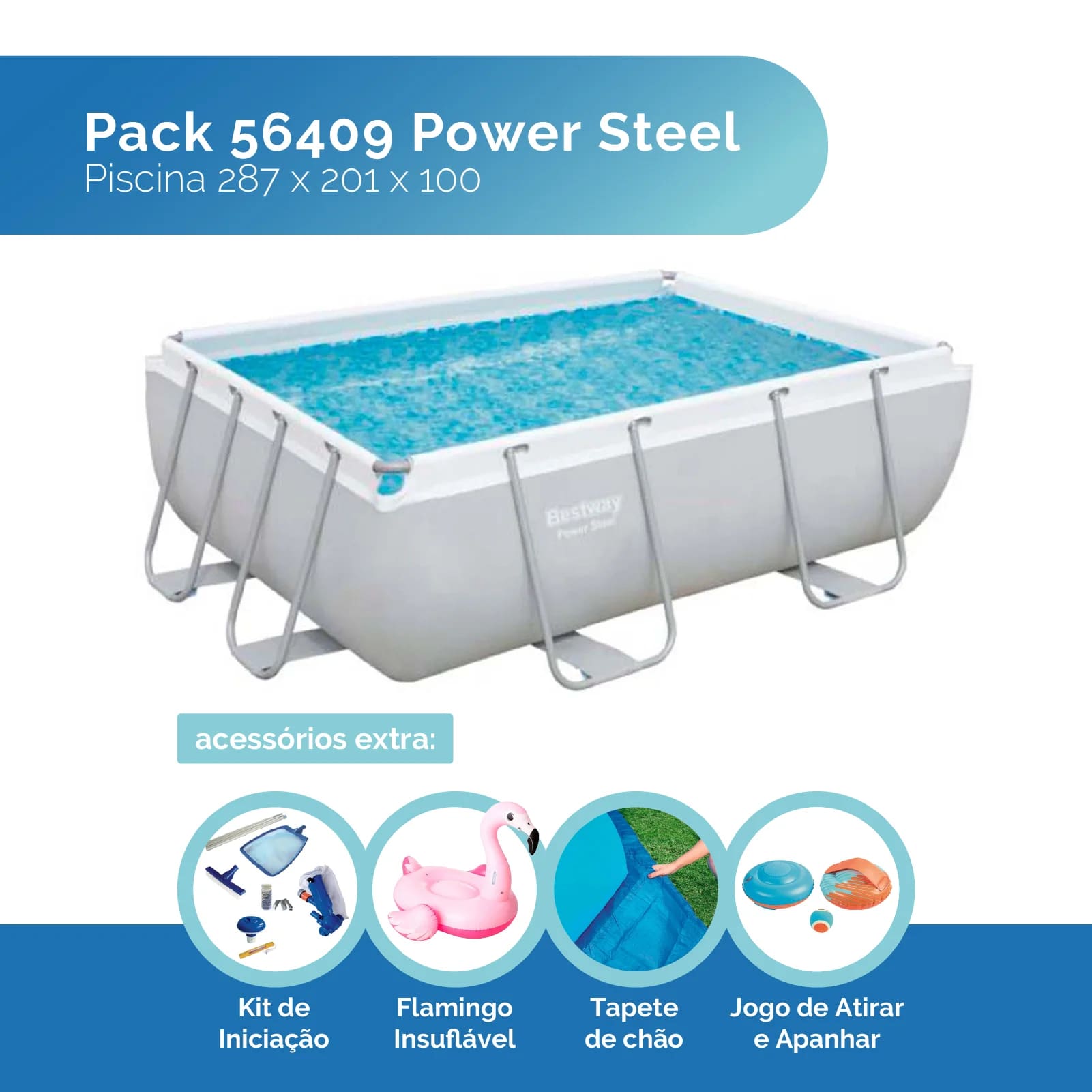 Pack Piscina 56409 power steel rectangular 287 x 201 x 100, Tapiz Suelo, Kit Iniciación