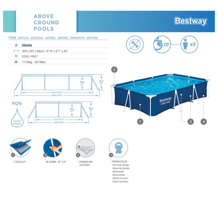 Piscina Desmontable Rectangular Bestway Steel Pro 3,00 m x 2,01 m x 66 cm Piscina Desmontable Rectangular Bestway Steel Pro 3,00 m x 2,01 m x 66 cm