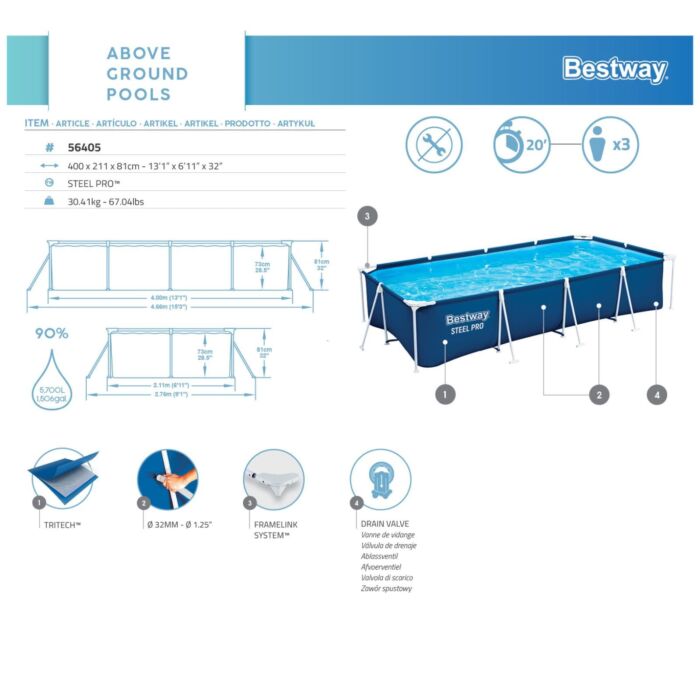 Piscina Desmontable Rectangular Bestway Steel Pro 4,00 m x 2,11 m x 81 cm