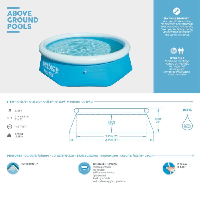 Set de piscina hinchable redonda Fast Set de Bestway 2.44 m x 66 cm Set de piscina hinchable redonda Fast Set de Bestway 2.44 m x 66 cm
