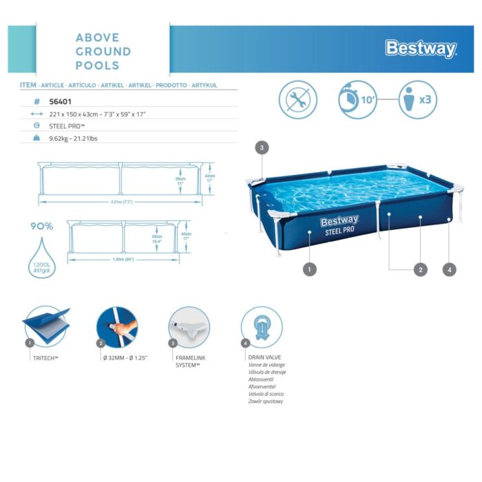 Piscina Desmontable Rectangular Bestway Steel Pro 2,21 m x 1,50 m x 43 cm
