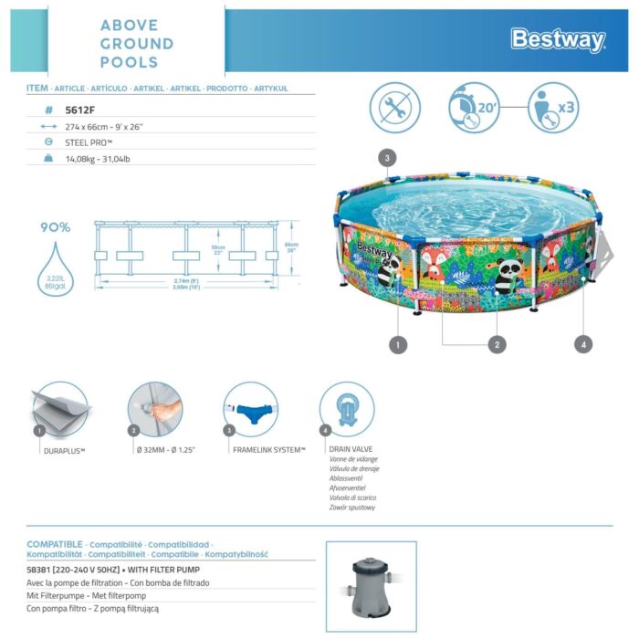 Set de piscina desmontable Bestway Steel Pro diseño animales  2.74 m x 66 cm