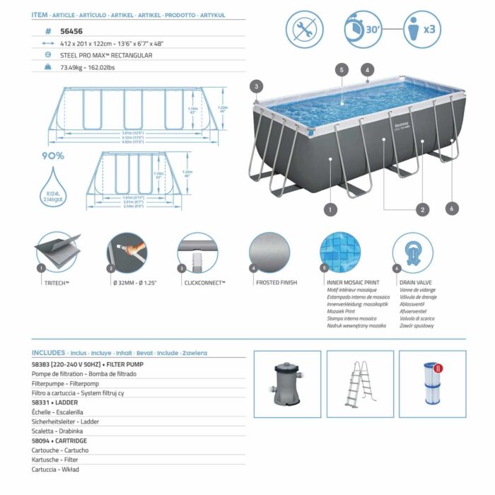 Conjunto de Piscina Desmontable Bestway Power Steel  4,12 m x 2,01 m x 1,22 m