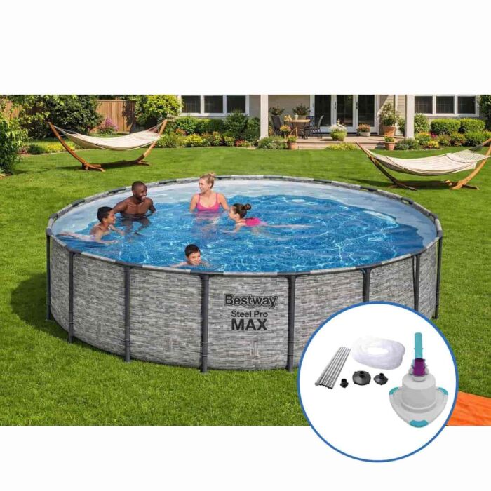 Pack Piscina Steel Pro Max textura imitación piedra Ø549 X 122 cm + Kit limpiafondos