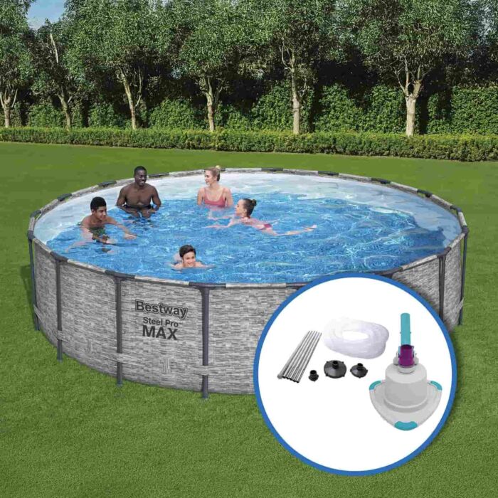 Pack Piscina Steel Pro Max textura imitación piedra Ø549 X 122 cm + Kit limpiafondos