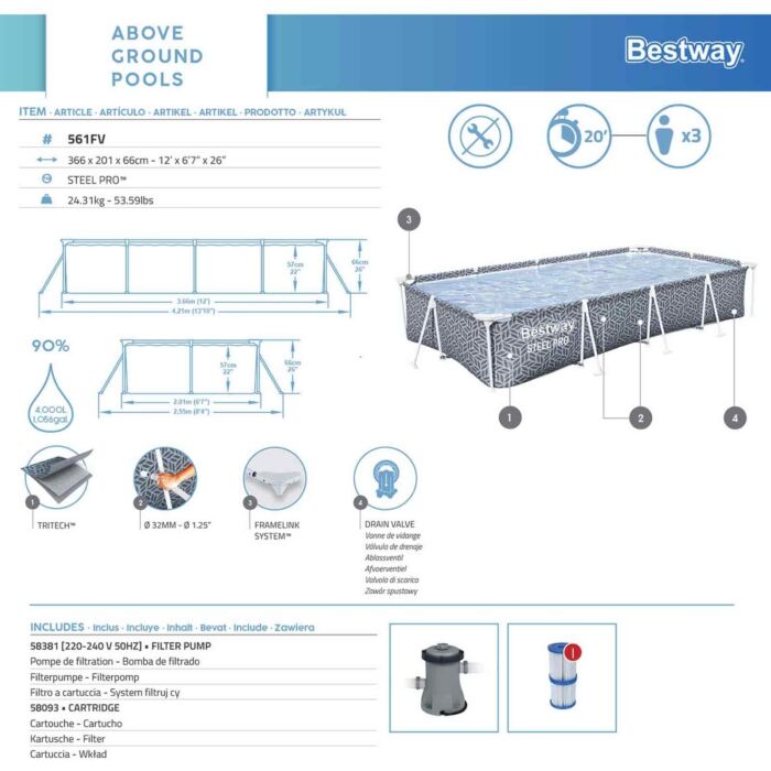 Piscina desmontable rectangular Steel Pro 3,66m x 2,01m x 66 cm