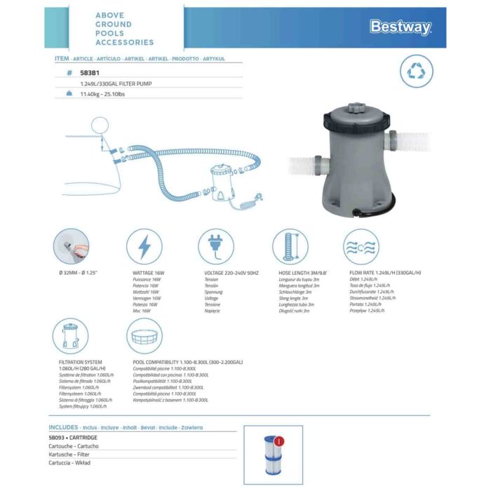 Depuradora de cartucho piscinas Bestway de 1.249 L Depuradora de cartucho piscinas Bestway de 1.249 L