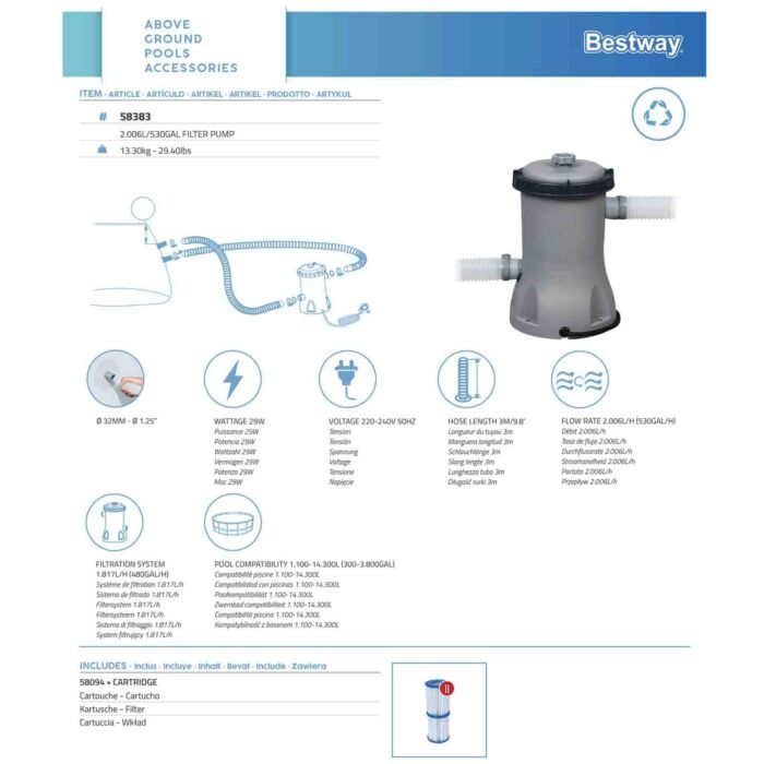 Depuradora de cartucho piscinas Bestway de 2.006 L