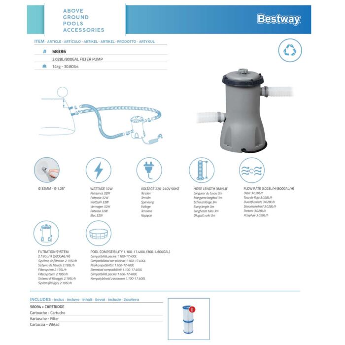 Depuradora de cartucho piscinas Bestway de 3.028 L